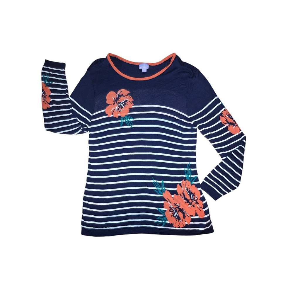 Laura Scott Striped Floral Naitical Navy Blue Peach Sweater Soft‎ L/XL
